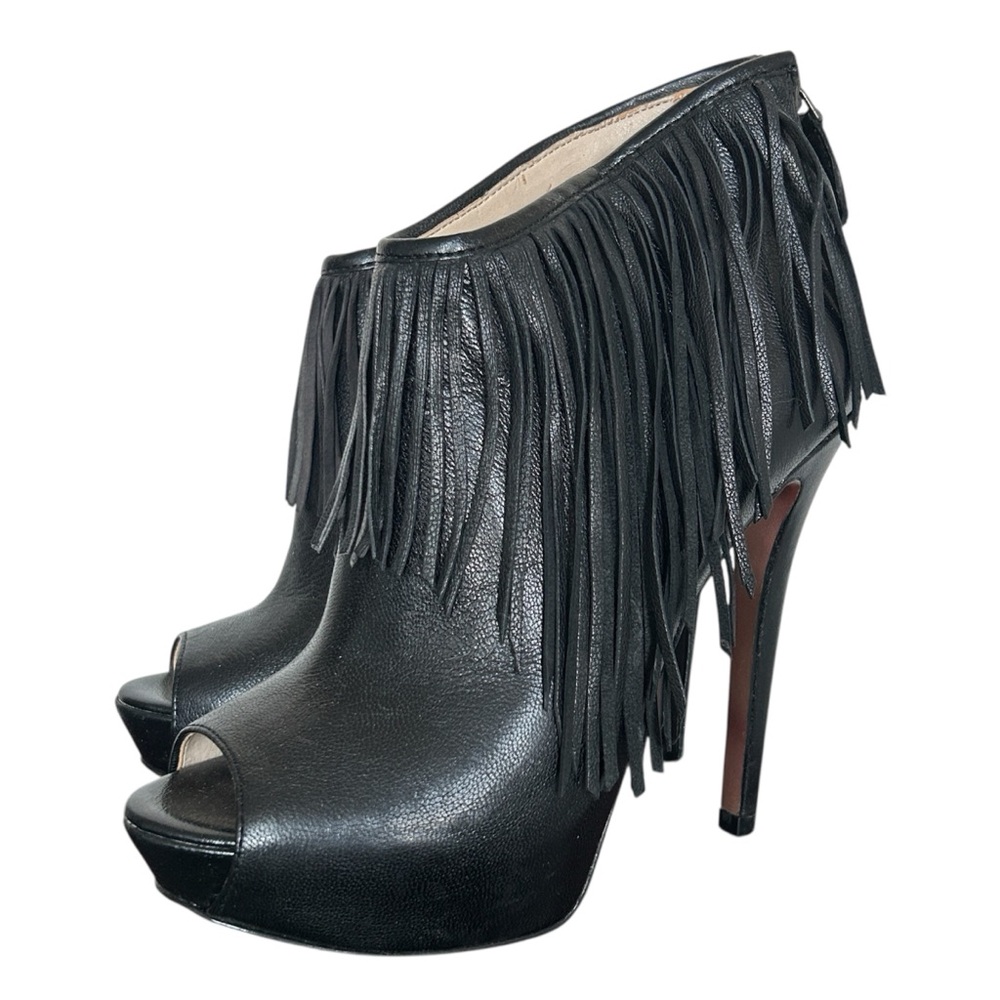 Y2K “Boutique 9” Black Leather Fringe Trim Peep-Toe Heeled Ankle Boots